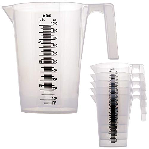 TCP Global 1 Liter (1000ml) Plastic Graduated Measuring and Mixing Pitcher (Pack of 6) - Holds Over 1 Quart (32oz) - Pouring Cups, Measure & Mix Paint, Resin, Epoxy, Kitchen Cooking Baking Ingredients - size: 1000ml