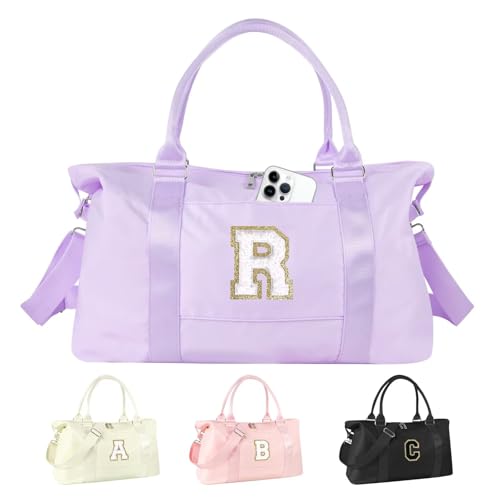 Dance Gym Duffel Bag for Teen Girls,Personalized Initial Travel Weekender Bag,Overnight Carry On Duffle for Women,Sports Travel Cheer Bag,Monogram Graduation Birthday Gifts for Tween Preppy(purple-R) - color: purple-chenille, style: R