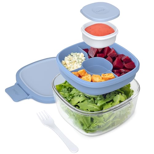 Bentgo Glass Salad Container - 7.6-Cup Salad Bowl with Airtight Lid, Leak-Proof Sauce Container, 4-Compartment Bento Tray & Reusable Fork - BPA-Free for Meal Prep, Office & More (Light Blue) - color: Light Blue