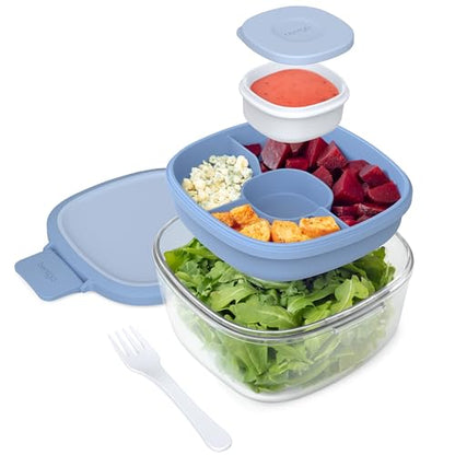 Bentgo Glass Salad Container - 7.6-Cup Salad Bowl with Airtight Lid, Leak-Proof Sauce Container, 4-Compartment Bento Tray & Reusable Fork - BPA-Free for Meal Prep, Office & More (Light Blue) - color: Light Blue