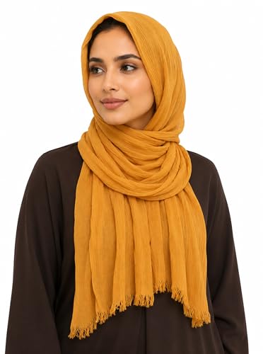 Cotton Linen Plain Hijab Scarf For Women,Muslim Viscose Crinkle Edge With Fringe,Summer Beach Wrap Headwraps Shawl - color: 11#ginger
