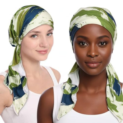 3 Packed Women's Pre Tied Head Scarves Slip On Chemo Beanies Hair Cover Headwrap Caps - color: A2-long Strap-3 Packed