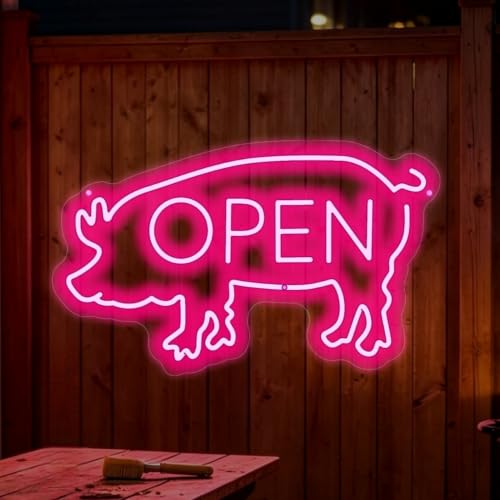 BBQ OPEN Neon Sign BBQ Shop Restaurant Pub Home Wall Decor -17.7"x10.7" - color: OPEN Pig-Pink