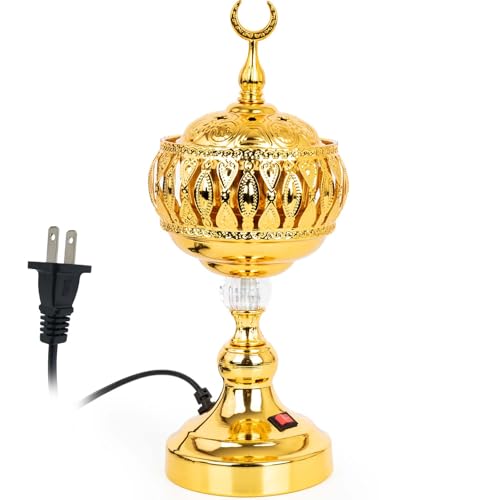 Golden Electric Incense Burner, Arabian Style Frankensense Electric Incense Holder with US Plug, Middle Eastern Tabletop Decorative Censer for Yoga Spa Home Office Christian Church Decor