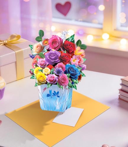 4 Pack 3D Pop Up Flower Bouquet Cards – Rose, Tulip, Lily, Mother’s Day Designs, Colorful Stand-Up Floral Centerpieces for Birthday, Anniversary, Thank You, Get Well, Includes Envelopes & Blank Notes - style: Floral Flour