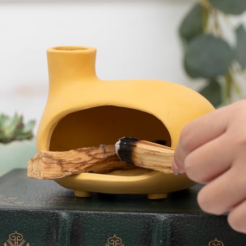 MOUGIGI Yellow Palo Santo Holder with Chimney–Mini Fireplace Incense Burner for Sage Burning, Wood Sticks, Cones&Tealights-Handcrafted Ceramic Smudge Bowl,Aromatic Incense Burner-Yoga Meditation Gift - color: Matte Clay -Yellow