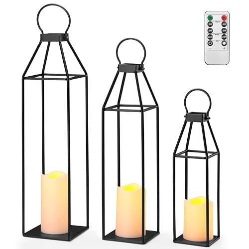 Perfnique Set of 3 Black Metal Lanterns w/ Waterproof Flickering Flameless Candle & Remote Timer, Modern Farmhouse Lanterns Decorative for Outdoor, Front Porch, Indoor, Patio, Garden, Fireplace - color: 15.3inch ＆ 20inch ＆ 23.4inch