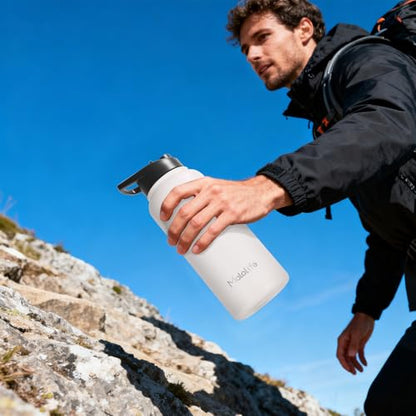 Water Bottle, BPA Free Insulated Stainless Steel, 32oz, Dual lids, Keep Cold 24H, Large Flask, Wide Mouth, Double Wall Metal Sport Drink Bottle, Camping, Gym, Hiking, Cream White - color: Cream White