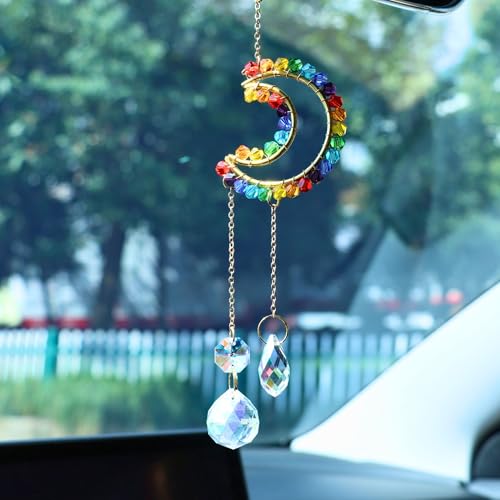 Moon Rear View Mirror Accessories, Crystal Bead Car Decor, Boho Witchy Suncatcher Healing, Car Charm Hanging Ornaments for Women Men - color: Colorful C