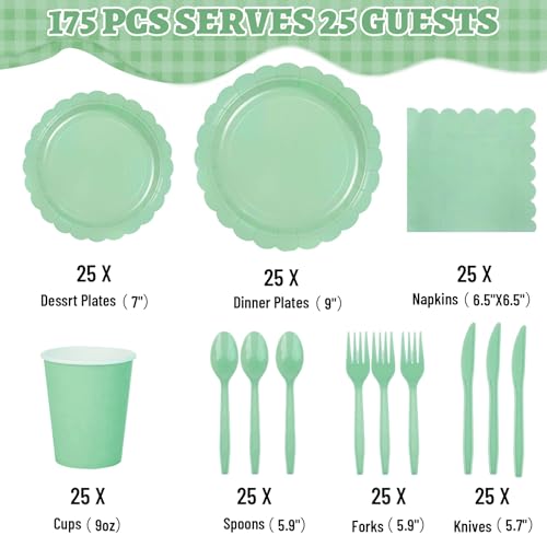 HoMaNa 175 Pcs Party Plates Set - 9" Dinner Plates & 7" Dessert Plates, 9 oz Paper Cups, Napkins, Paper Cutlery for 25 Guests – Birthday Party, Wedding, Baby Shower Tableware,Green