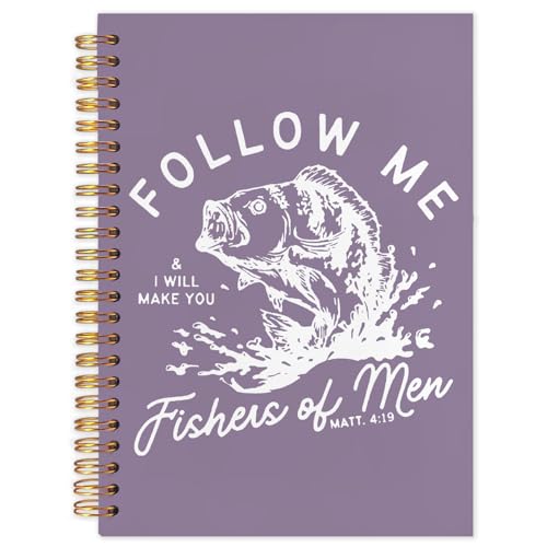 WUCHJ Purple Retro Fish Christian Notebook, Matthew 4:19 Bible Verse Journal, Religious Scripture Spiral Notebook Journal for Note Taking, Christian Faith Based Gifts for Women Men, 5.5x8.3 Inch - color: purple fish follow me