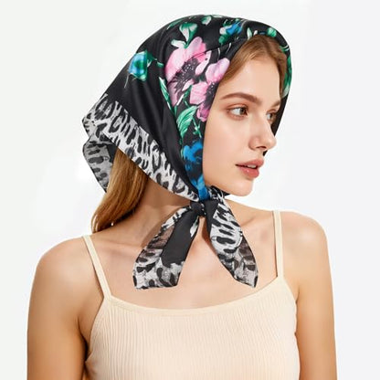 27" Head Scarf Like Satin Silk for Women,Hair Scarves Bandana,Headband Silk Feeling for Hair Wrap - color: Flower Leopard Print
