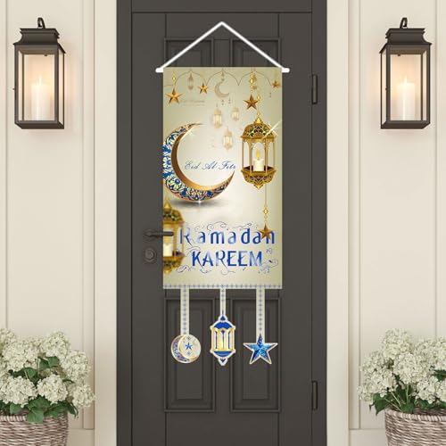 15.8 x 39.4 inches Eid Mubarak Decorations, Ramadan Kareem Hanging Door Sign, Eid Al-Fitr Iftar Party Favor Hang Flag Ramadan Mubarak Banner Party Decorations Welcome Wall Banner for Party Supplies - color: Blue-Gold
