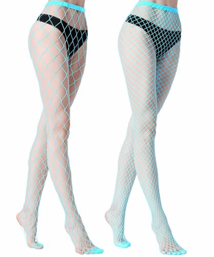 MengPa Women's Fishnets Tights High Waist Stockings Party Thigh High Pantyhose - color: 2pcs-blue