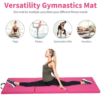 BLKMTY Gymnastics Mat, 2"x6' Folding Exercise Yoga Mat for Kids Tumbling | PU Leather Workout Mat, with Carrying Handles, For Home Gym Aerobic Fitness - color: Pink