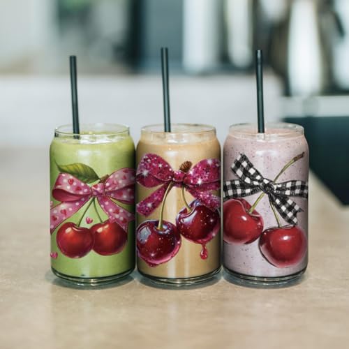 arricraft 10 Sheets Fruit Theme UV DTF Cup Wrap for 16OZ Glass, Bow Cherry Rub on Decals PVC Transfer Stickers for DIY Cups Window Home Printing Decoration 24x11cm/9.4x4.3inch - style: Bow Cherry Theme