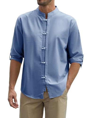 Zaitun Mens Cotton Linen Shirts Casual Buttons Down Roll-Up Sleeve Shirt Summer Chinese Style T-Shirts - color: Blue, size: Large