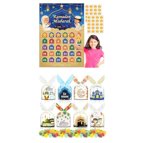 AhfuLife Ramadan Eid Mubarak Countdown Calendar Decoration for Kids, 80 PCS Ramadan Eid Mubarak Candy Bags
