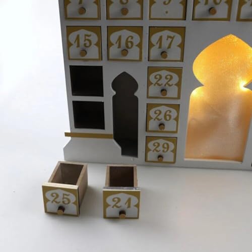 HiyyFloy Wooden Ramadan Advent Calendar Eid Mubarak Countdown Calendar Ramadan 30 Day Castle Advent Calendar Ornament with Led Light for Muslim Islam Home Decor