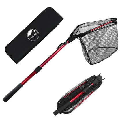 YVLEEN Folding Fishing Net - Foldable Fish Landing Net Robust Aluminum Telescopic Pole Handle and Nylon Mesh 16inch Hoop Size - color: D:16”/40cm Hoop Size (Telescopic Handle) Red