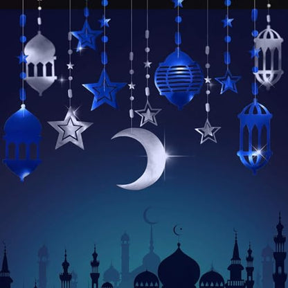 Cheerland Silver Blue Ramadan Decorations for Home Star Moon Lantern Garland Islamic Hanging Streamer Backdrop Eid Mubarak Decorations Lesser Bairam Holiday Celestial Banner Night Party Supplies 16pcs