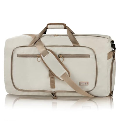 Fmeida 65L Duffle Bag with Shoes Compartment, Foldable Travel Duffel Bags for Men Women, Large Packable Travel Bag Water Repellent & Tear Resistant (Beige) - color: Glossy Beige