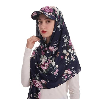 ZLYC Women Muslim Hijab Scarf with Visor Built-in Undercap Sun Protection Headwrap - color: Floral Navy