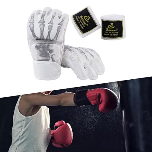 Boxing Gloves Gear Open Palm MMA Half Mitts Lightweight Breathable PU Leather Shock Pad Half Finger Suitable for Adults Men Women Fitness M, White Skeleton