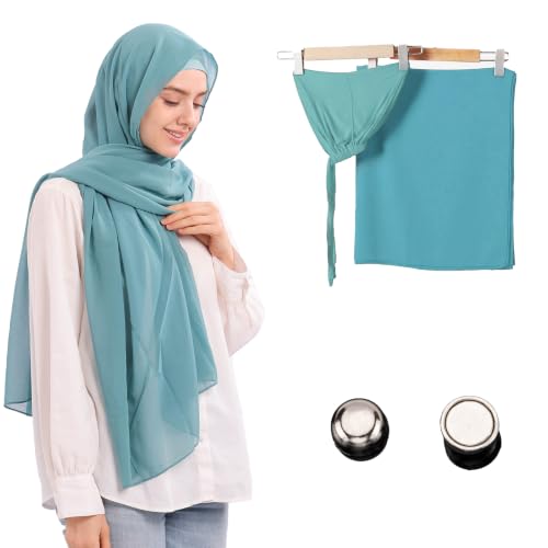 Jonglroy Muslim Chiffon Hijab magnets Head Scarf with Matching Tie Back Jersey Undercap - color: Lake Blue