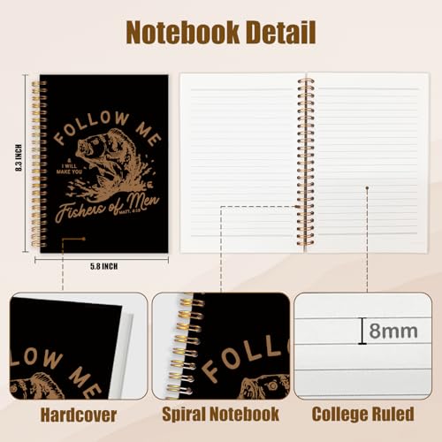 WUCHJ Black Retro Fish Christian Notebook,Black Boys Religious Notebook, Matthew 4:19 Bible Verse Journal, Religious Scripture Spiral Notebook Journal for Note Taking, Christian Faith Based Gifts for Women Men, 5.5x8.3 Inch - color: black and yellow follo