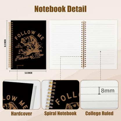 WUCHJ Black Retro Fish Christian Notebook,Black Boys Religious Notebook, Matthew 4:19 Bible Verse Journal, Religious Scripture Spiral Notebook Journal for Note Taking, Christian Faith Based Gifts for Women Men, 5.5x8.3 Inch - color: black and yellow follo