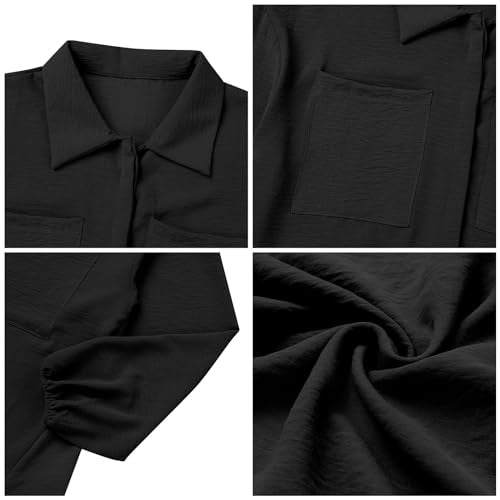 ODIZLI Muslim Long Sleeve Blouse Wide Leg Pants Suits Autumn Solid Abaya Women Matching Sets 2PCS Tracksuits Turkey Kaftan - color: Black-pockets Button Down Shirt, size: 5X-Large