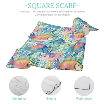 Women’s Square Scarf 27"x27", Lightweight Chiffon Satin Feel Fashion Scarf for Neck Hair Band Head Wrap Bag Accessory - color: Colorful Fish Sea Life
