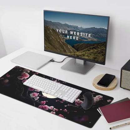 XXL Gaming Mouse Pad 35.4x15.7 Inch, Large Extended Desk Mat | Cherry Blossom Design, Non-Slip Rubber Base, Water-Resistant Surface and Stitched Edges for Gaming, Office & Home - color: Cherry Blossom Moon