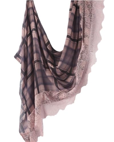 JUMISEE Elegant Floral Lace Hijab Scarf for Women Soft Cotton Head Wrap Instant Hijab Long Scarves Evening Dress Shawl - color: Pink Plaid Pattern