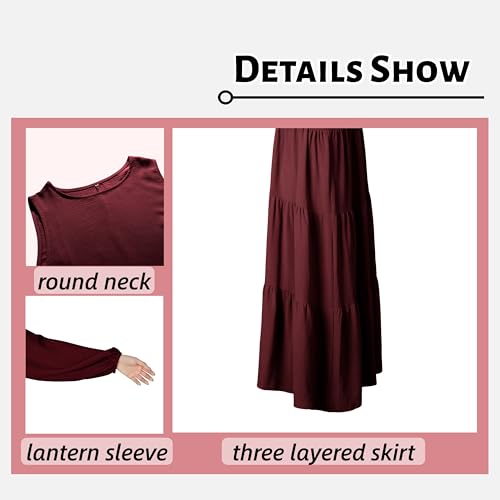 Prlemend Two-Pieces Abaya for Women Muslim Robe with Belt Prayer Dress Set | 2PCs, with Belt, Cake Skirt - color: Wine Red, size: Medium