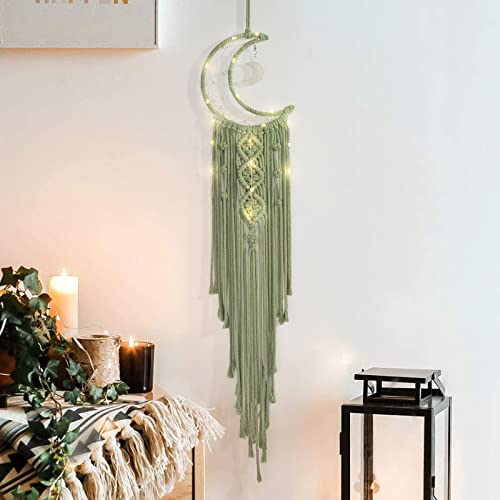 Macrame Wall Hanging Dream Catcher, Green Boho Moon Star Decor with Tassel - color: Sage Green, size: Without Light