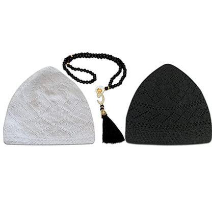 ESERRA Kufi Hats for Men - Prayer Cap, Handicraft Taqiyah, Muslim Tasbih 99 Beads, Prayer Beads - color: White and Black