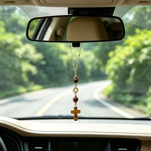 Cross Crystal Hanging Car Charm - Cute Healing Stones Rear View Mirror Decor, Boho Handmade Sun Catcher Ornament with Rose Quartz Crystal &Tiger Eye - Meaningful Gift for Women - color: Tiger Eye