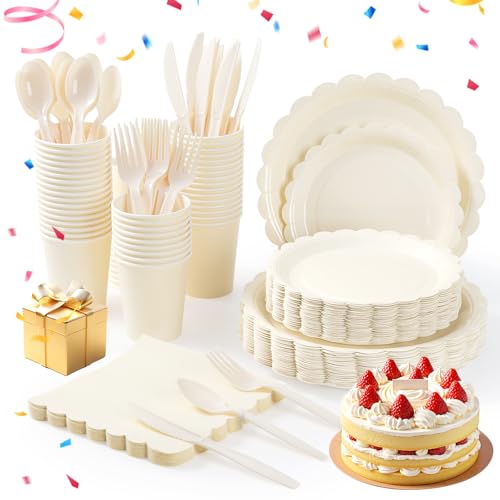350 Pcs Ivory Paper Party Plates and Cups and Napkins Sets, 50 Guest Cream Party Supplies Include Paper Plates Napkins Cups Spoons Forks and Knives for Party, Wedding. Bridal, Birthday, &Baby Shower