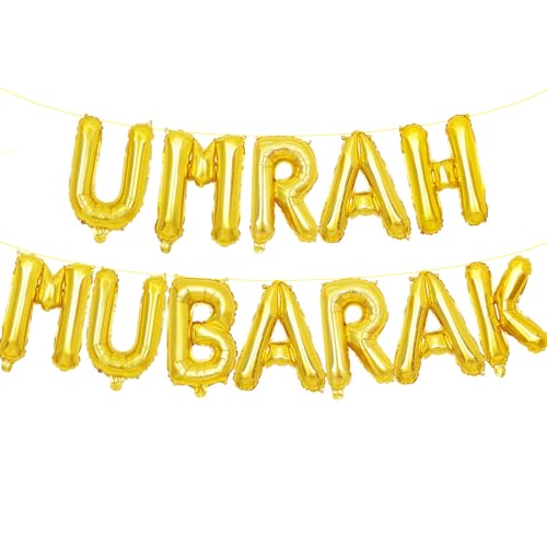 16 Inches UMRAH MUBARAK Letter Balloons Banner - Mylar Foil Alphabet Balloons Decorations for Umrah Celebrations, Islamic Festive Gatherings, and Religious Ramadan Mubarak Eid Party Supplies