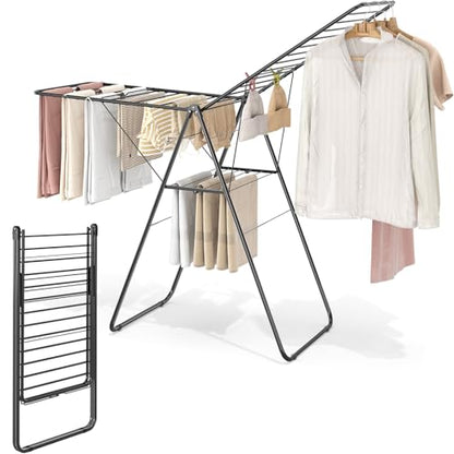 KINGBOARD Clothes Drying Rack Foldable, Drying Rack Clothing with Height-Adjustable, Metal Laundry Rack, Indoor Outdoor Use, No Assembly, 20.47"x 70"x 42.52", Black - color: Black