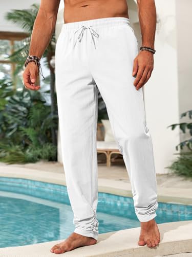Runcati Mens Kaftan Thobe Pants Cotton Casual Elastic Waist Drawstring Muslim Trousers Summer Yoga Kurta Pants with Pockets - color: White, size: Medium