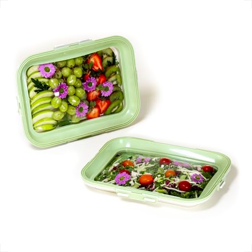 Crudités | Portable Snack Tray | Rectangle 2-Pack | Sage Green | Reversible Stretch Lid Food Containers | BPA-Free, Freezer & Dishwasher Safe | Meal-Prep, Charcuterie, Salads, Picnic, Travel - size: Rectangular, 2 Pack, Sage Green
