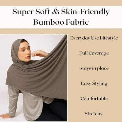 Premium Bamboo Jersey Hijab Scarves -Turban Head Wraps for Women, Fashion Headbands Long Plain Muslim Shawls - color: Brown