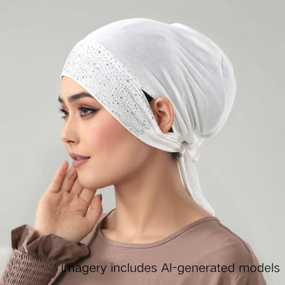 Muslim Hijab Undercap Rhinestone Embellished Turban Head Wrap for Women Jersey Inner Cap with Ear Holes - color: White