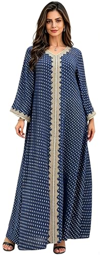 Women Muslim Abaya Dress V Neck Embroidered Kaftan Long Sleeve Loose Islamic Maxi Prayer Robe for Ramadan Eid - color: Navy Blue, size: X-Large