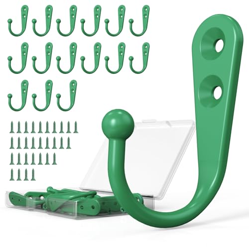 15-Pack Green Wall Mount Hooks for Hanging Coats & Towels | Screw-in Hangers with 30 Screws for Keys, Robes, Scarves, Bags, Caps & Mugs - color: 15PCS Mint Green Hooks