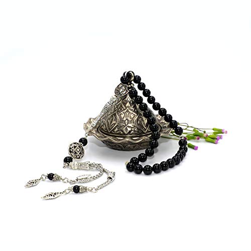 Design - Long & Stylist Tassels Worry Beads - Prayer Beads (8 mm-33 Beads) Tesbih-Tasbih-Tasbeeh-Misbaha-Subha-Sebha-Sibha-Rosary (Shiny Natural Round Agate Stone) - color: Shiny Natural Round Agate Stone