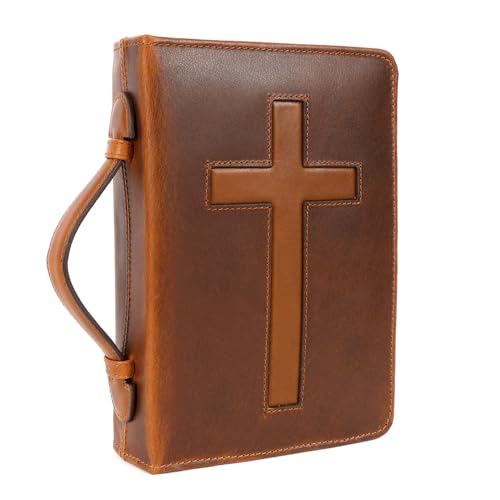 ELIZO Leather Bible Cover Bible Case for Men Women Genuine Leather Bible Bag Holder Cross Large Carrying with Zipper Case Protector Christian Religious Gifts for Mens (Cognac/Tan, Standard/Small) - color: Cognac & Tan, size: Small